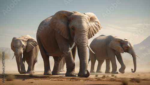 African elephant herd walking in a row at sunset safari generated by AI