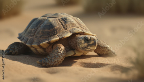 Slow crawling turtle walking on sand in tropical climate outdoors generated by AI