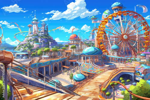 theme amusement park with roller coasters anime style background