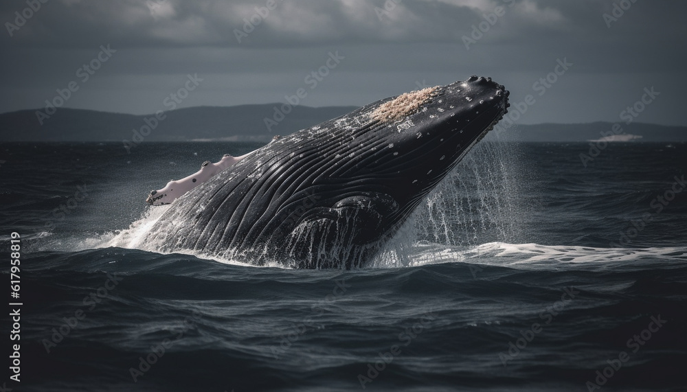 Fototapeta premium back whale breaching in majestic blue waters generated by AI