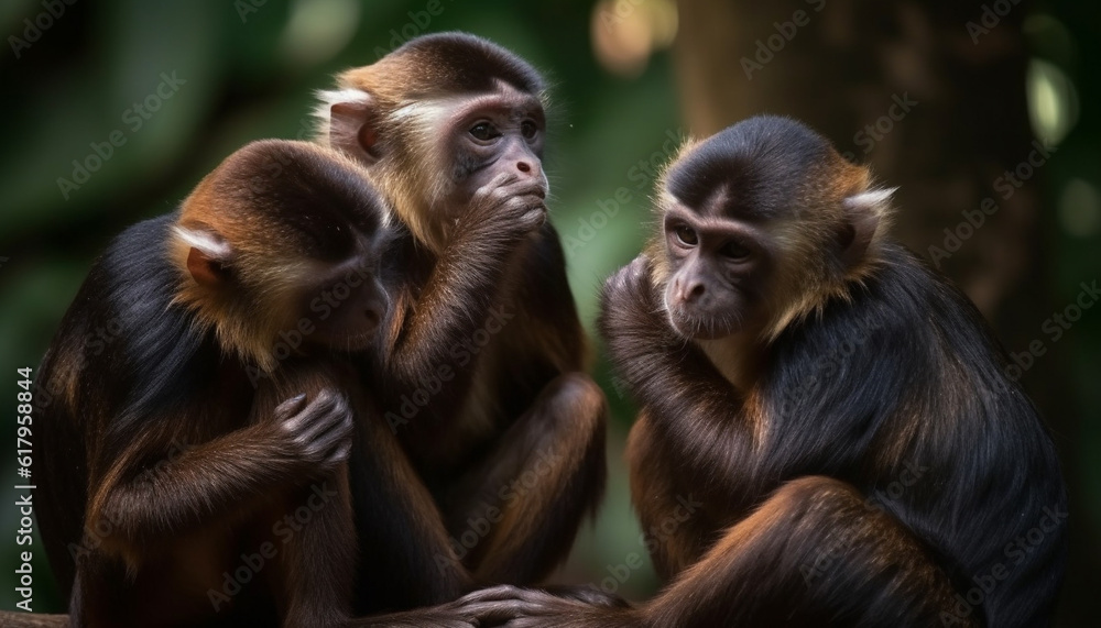 Obraz premium Small group of cute young macaques sitting in tropical rainforest generated by AI