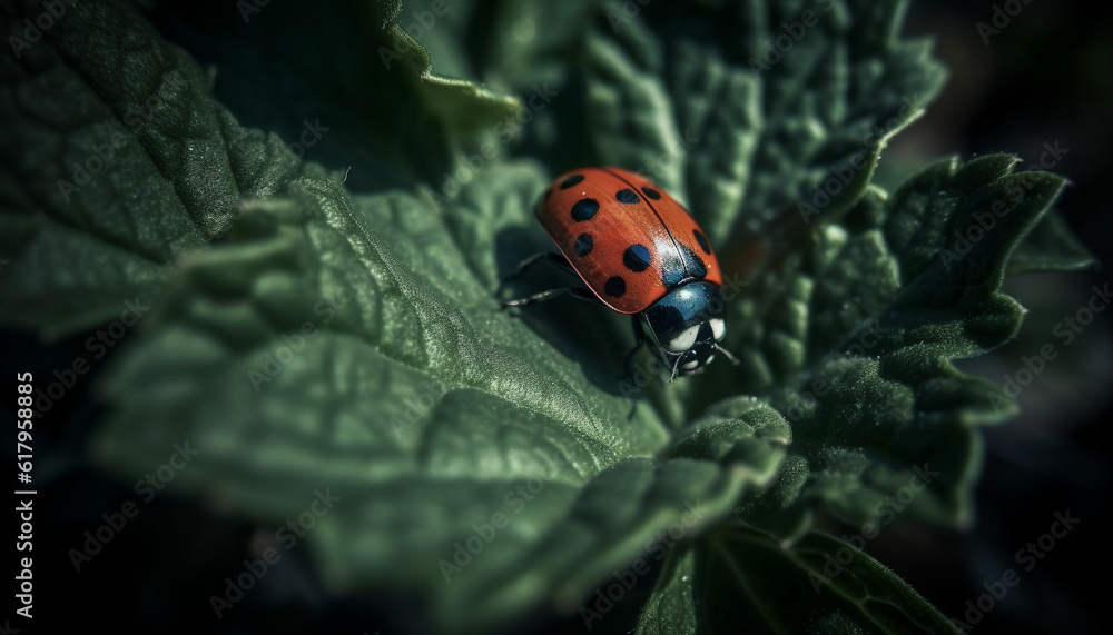 Vibrant ladybug spotted on fresh green leaf in summer meadow generated by AI Vibrant ladybug spotted on fresh green leaf in summer meadow generated by AI