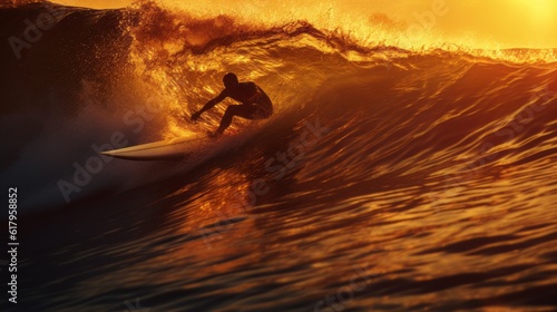 surfer taking a very big wave in a sunset, behind the sun with reflections in the sea