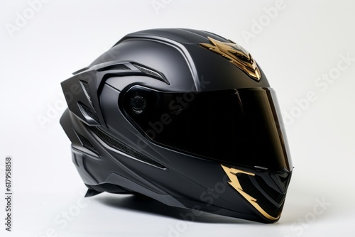 Motorcycle helmet with a full-face design in a sleek matte black color, accented with metallic gold, conveying a sense of luxury and sophistication