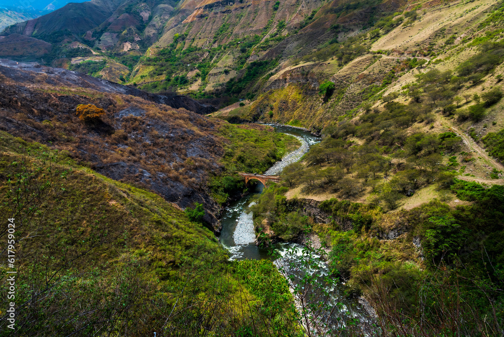 Juanambu canyon, river, mountain and bridge. Juanambu canyon, river, mountain and bridge.