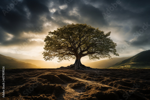 a tree with deep roots firmly planted in the ground, reaching upward with branches stretching towards the sky, representing the stoic principle of being grounded in one's values wh Generative AI photo