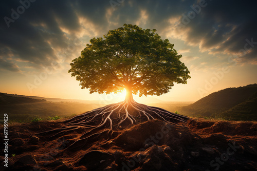 a tree with deep roots firmly planted in the ground, reaching upward with branches stretching towards the sky, representing the stoic principle of being grounded in one's values wh Generative AI