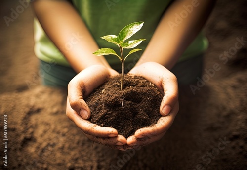 Hand holding a small plant with soil. Concept of caring for the environment. AI generated image