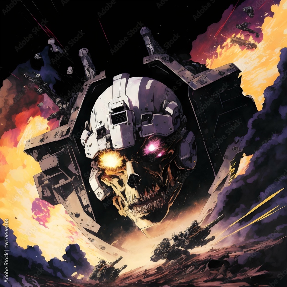 the robotech skull leader reaching out dramatically while explosion