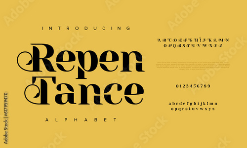 Repentance premium luxury elegant alphabet letters and numbers. Elegant wedding typography classic serif font decorative vintage retro. Creative vector illustration