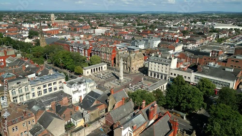 Southport, Lancashire, UK, June 24, 2023; Mid-level aerial orbital clip video footage of the war memorial and cenotaph on Lord Street in Southport, England photo