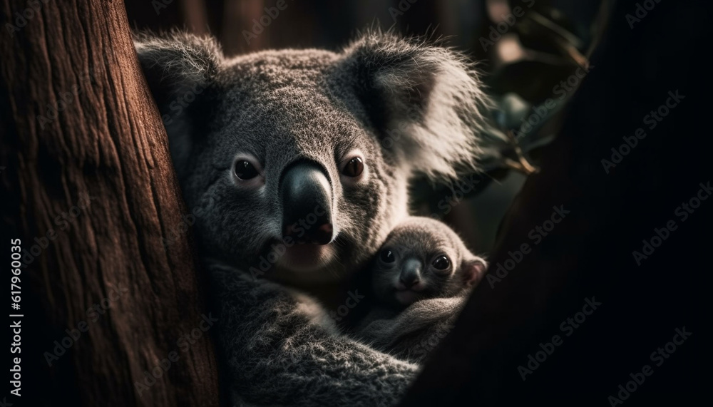 Obraz premium Sleeping koala, fluffy fur, close up portrait, peaceful tranquility generated by AI