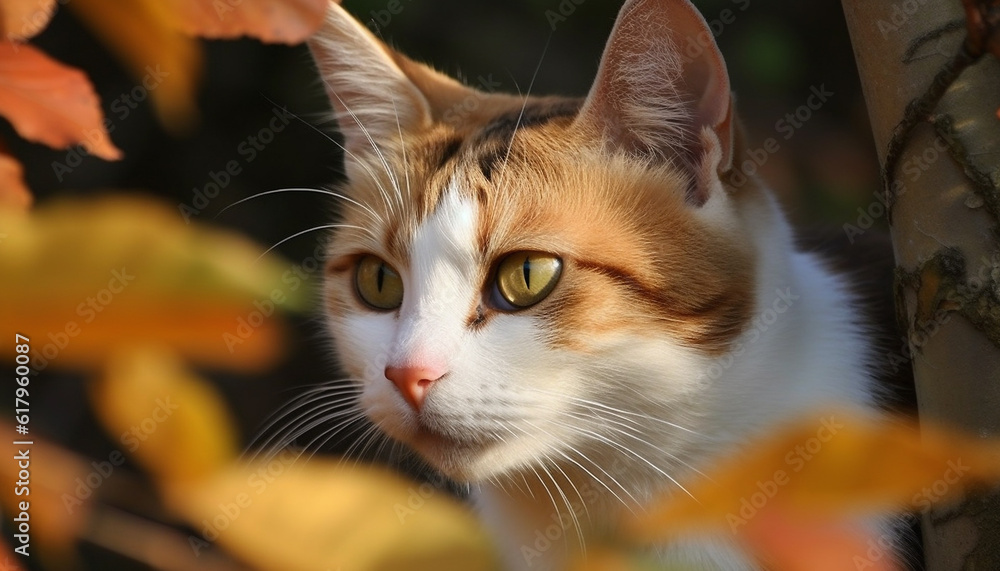 Fluffy mixed breed kitten playing in autumn forest, staring at camera generated by AI