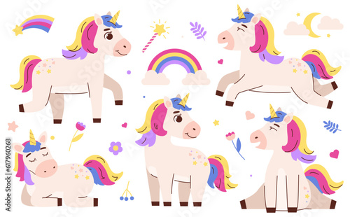 Fototapeta Naklejka Na Ścianę i Meble -  Set of cute magic unicorns