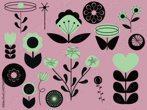 Mid Century retro flowers simple geometric shapes atomic floral clipart