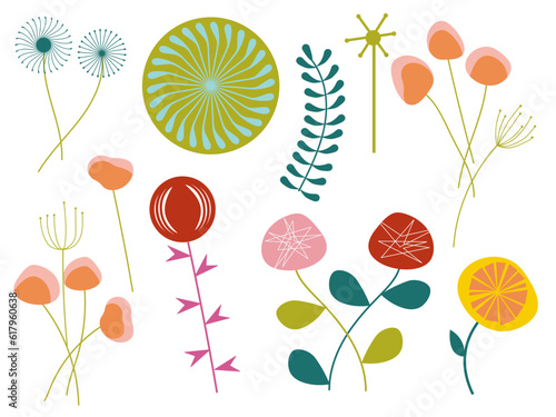 Mid Century retro flowers simple geometric shapes atomic floral clipart