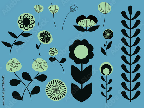 Mid Century retro flowers simple geometric shapes atomic floral clipart