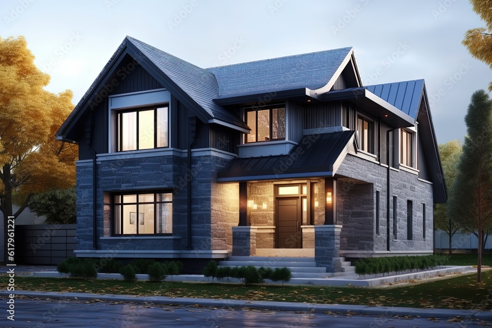 Innovative Styling and Natural Stone Elements Define Exclusive New Development House with Double Garage and Dark Blue Siding, generative AI