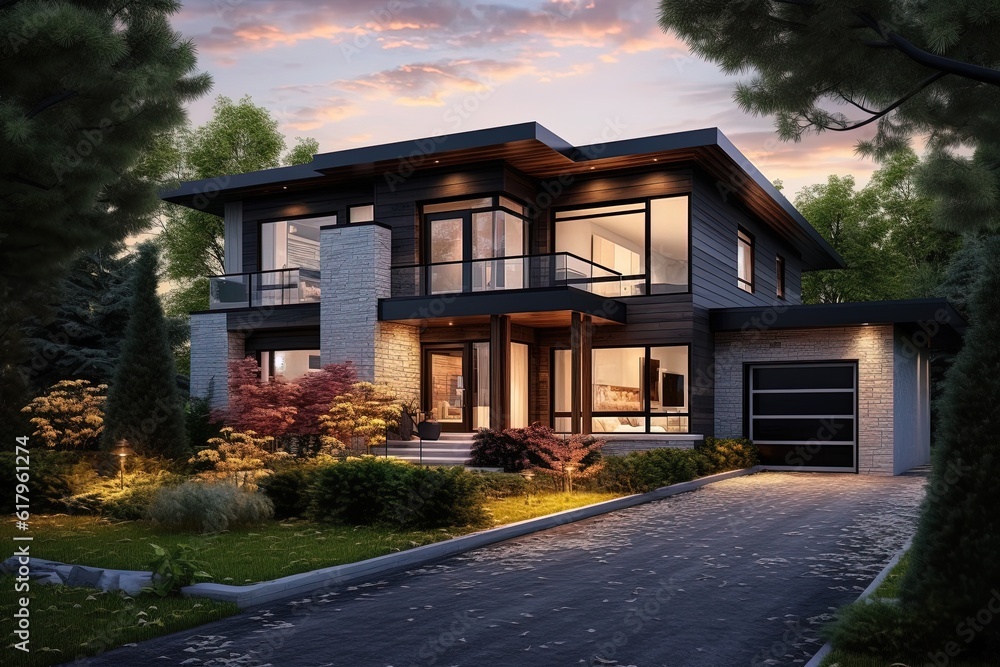 New Innovative House Development Boasts Double Garage and Beautiful Natural Stone Elements with Coral Siding, generative AI New Innovative House Development Boasts Double Garage and Beautiful Natural Stone Elements with Coral Siding, generative AI