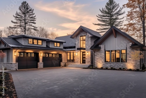 3-Car Garage Extravagance: A Newly Constructed Residence with Sleek Architecture, White Siding, and Natural Stone Accents, generative AI © Michael