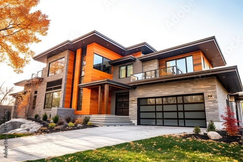 Extravagant New Residence with Sleek Architecture, Three-Car Garage, and Orange Siding, Enhanced by Natural Stone Accents, generative AI