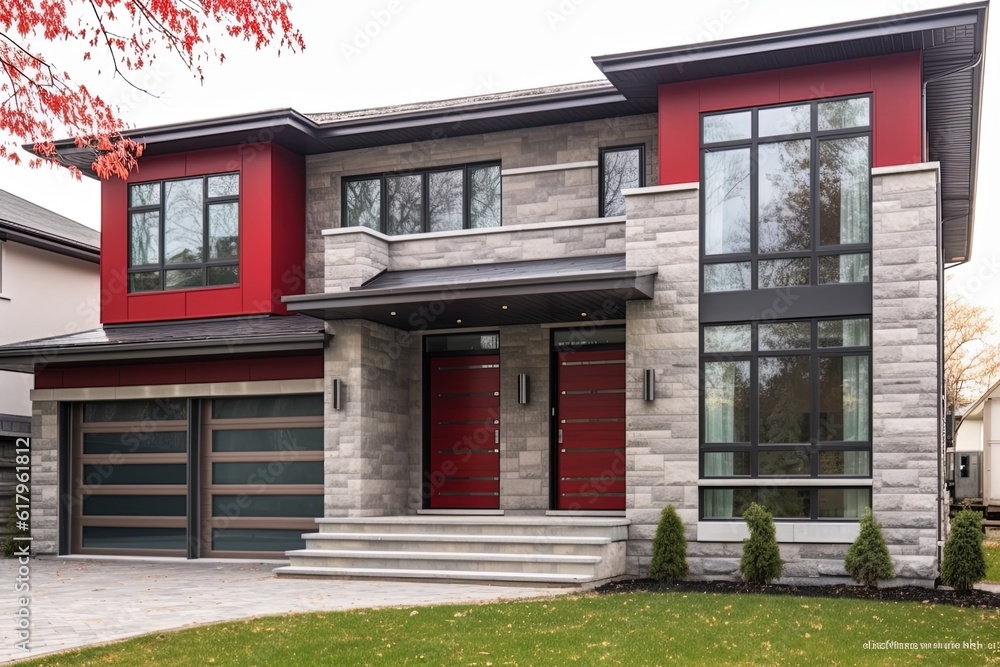 Brand New Modernist-Style House with Double Garage: Vibrant Red Siding and Natural Stone Embellishments, generative AI Brand New Modernist-Style House with Double Garage: Vibrant Red Siding and Natural Stone Embellishments, generative AI
