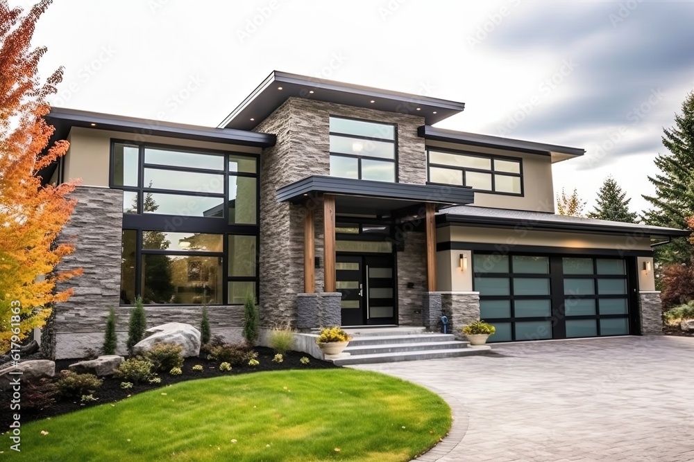 Modernist Style Grand House with Double Garage, Green Siding & Natural Stone Embellishments: A Brand New Home, generative AI Modernist Style Grand House with Double Garage, Green Siding & Natural Stone Embellishments: A Brand New Home, generative AI