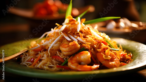 Plate of Pad Thai, vibrant, aromatic, spicy, AI generated.