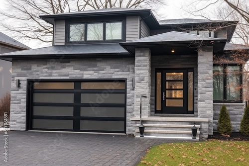 Modernist Style Grand Brand New House with Double Garage, Light Gray Siding, and Natural Stone Embellishments, generative AI