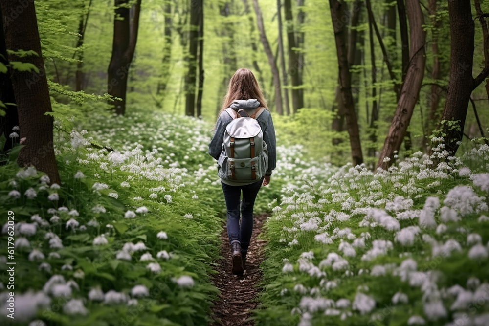 illustration, woman with backpack walking in the forest, ai generative illustration, woman with backpack walking in the forest, ai generative