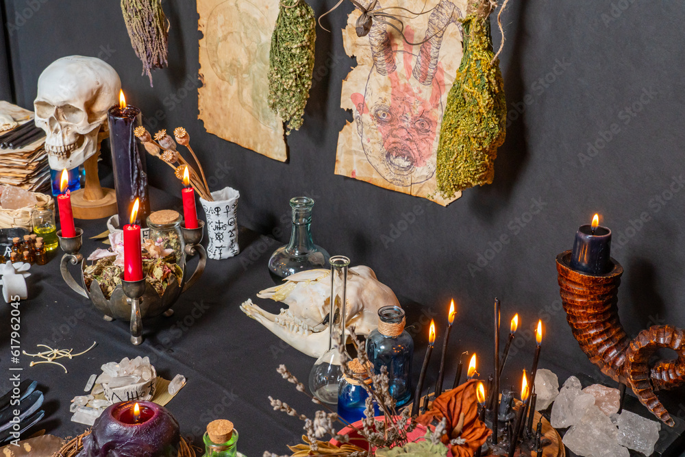 Occult and esoteric witchcraft still life. Halloween background with ...