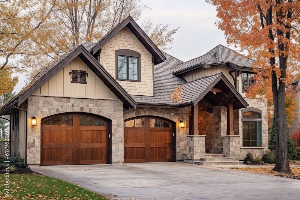 Modern Innovation: Lavish New Construction Dwelling with Three-Car Garage, Beige Siding, and Natural Stone Details, generative AI Modern Innovation: Lavish New Construction Dwelling with Three-Car Garage, Beige Siding, and Natural Stone Details, generative AI