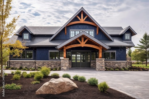 Luxurious New Construction Dwelling with Innovative Design and Three-Car Garage Featuring Navy Blue Siding and Natural Stone Details, generative AI