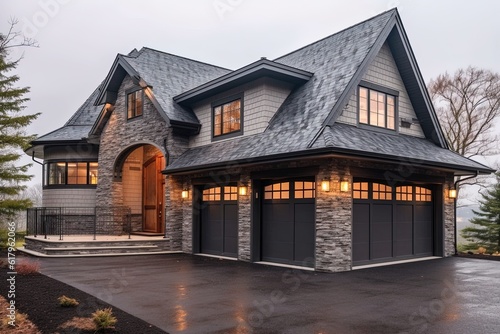 Three-Car Garage and Innovative Designs Define Lavish New Construction Dwelling with Dark Gray Siding and Natural Stone Details, generative AI