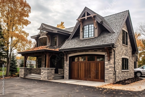 Lavish New Construction Dwelling with Innovative Design, Three-Car Garage and Dark Green Siding Accented by Natural Stone Details, generative AI