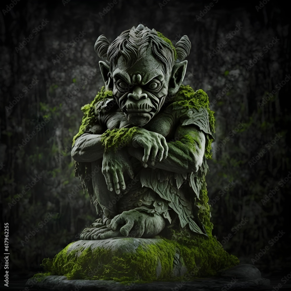 creepy small stone statue of jungle demonic deity dark shadows evil moss highly detailed 