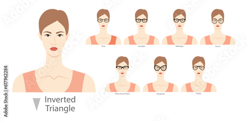 Set of types of glasses for Women inverted triangle type faces fashion accessory illustration. Sunglass unisex silhouette style, flat rim spectacles eyeglasses, lens sketch style outline isolated