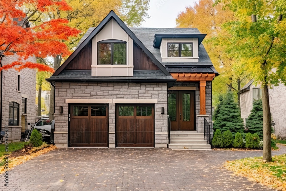 Stunning New Home with State-of-the-Art Layout: Single Car Garage, Gray Siding, and Natural Stone Entrance, generative AI Stunning New Home with State-of-the-Art Layout: Single Car Garage, Gray Siding, and Natural Stone Entrance, generative AI