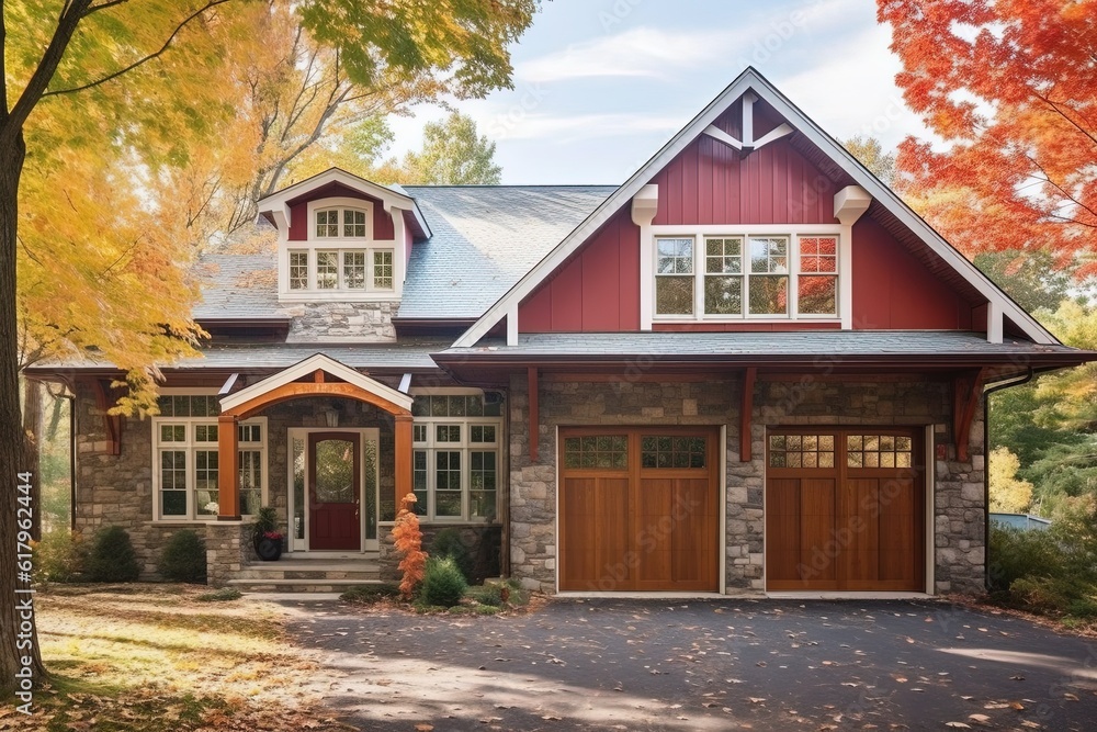State-of-the-Art Layout and Magnificent Features: Red Siding Home with Single Car Garage and Natural Stone Entrance, generative AI State-of-the-Art Layout and Magnificent Features: Red Siding Home with Single Car Garage and Natural Stone Entrance, generative AI