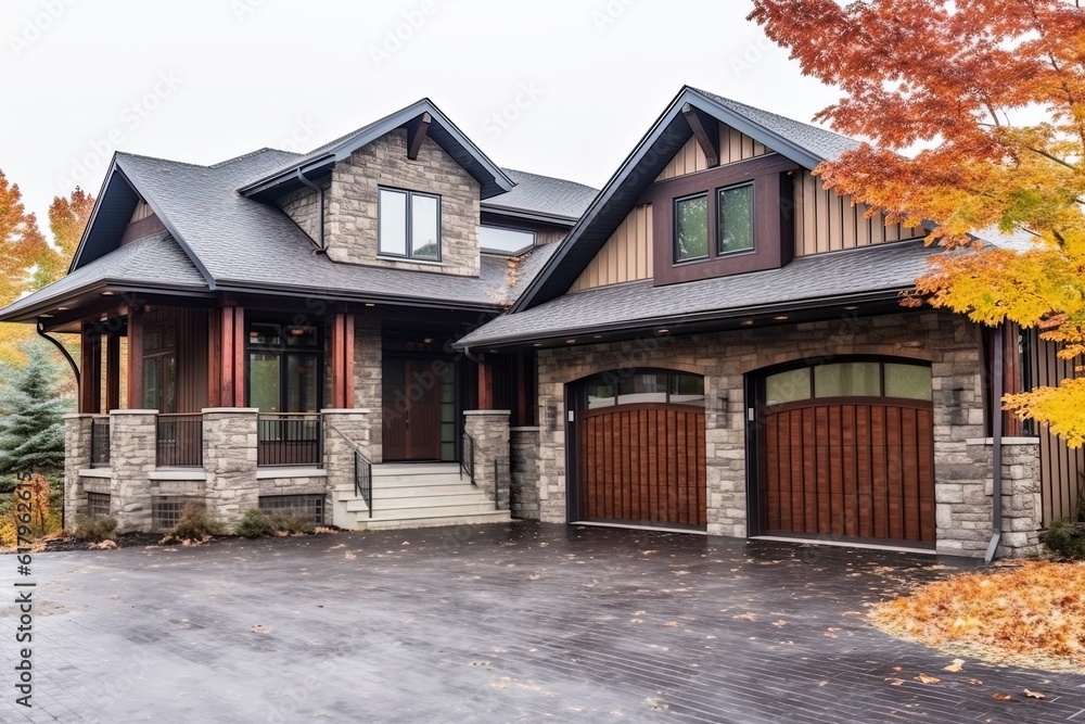 Modern Aesthetic: Majestic Newly Built Dwelling with Two-Car Garage, Brown Siding, and Natural Stone Walls, generative AI Modern Aesthetic: Majestic Newly Built Dwelling with Two-Car Garage, Brown Siding, and Natural Stone Walls, generative AI