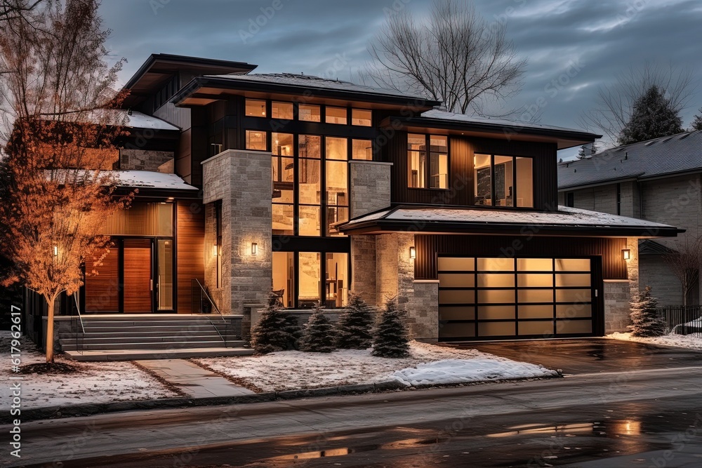 Newly Built Dwelling: Modern Aesthetic with Two-Car Garage, Bronze Siding, and Natural Stone Walls, generative AI