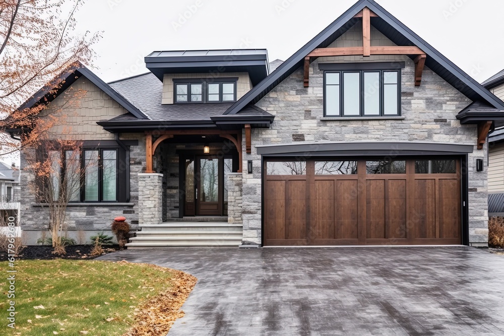 Modern Aesthetic: Majestic Newly Built Dwelling with Two-Car Garage, Light Green Siding, and Natural Stone Walls, generative AI Modern Aesthetic: Majestic Newly Built Dwelling with Two-Car Garage, Light Green Siding, and Natural Stone Walls, generative AI