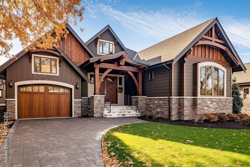 Brown Siding and Natural Stone Entrance Highlight State-of-the-Art Layout of Magnificent New Home with Single Car Garage, generative AI