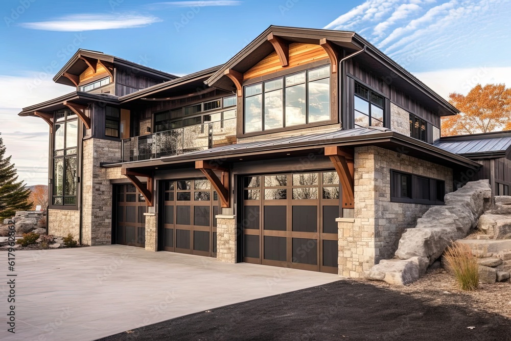 Modern Aesthetic: Majestic Newly Built Dwelling with Two-Car Garage and Coral Siding, Surrounded by Natural Stone Walls, generative AI Modern Aesthetic: Majestic Newly Built Dwelling with Two-Car Garage and Coral Siding, Surrounded by Natural Stone Walls, generative AI