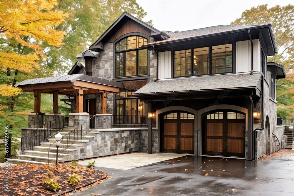 Cutting-Edge Design: Opulent New Property with Gray Siding, Two-Car Garage, and Natural Stone Staircase, generative AI
