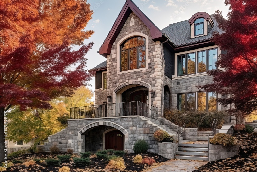 Cutting-Edge Design Shines in Opulent New Property with Two-Car Garage, Burgundy Siding, and Natural Stone Staircase, generative AI