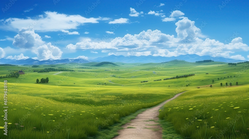 illustration, the landscape of grass fields and blue sky, ai generative.