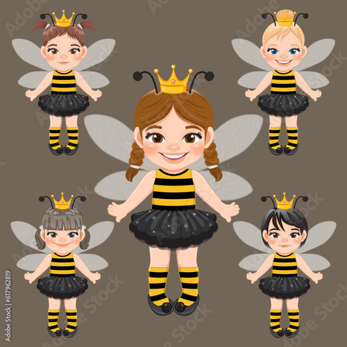 Set of cute girls in Bee costume flat icon style vector