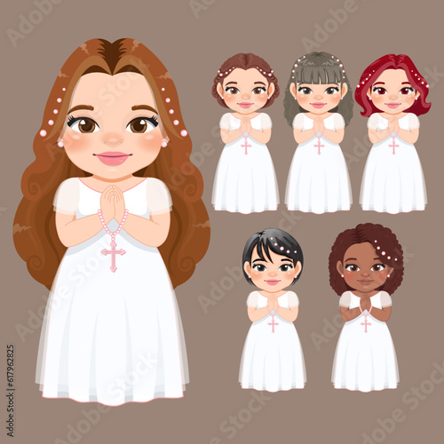 Set of First communion concept with diverse girls praying have rosary in hand vector
