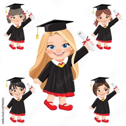 Set of girls holding diploma in academic gown for graduation day, Happy girl cartoon character for graduation day vector